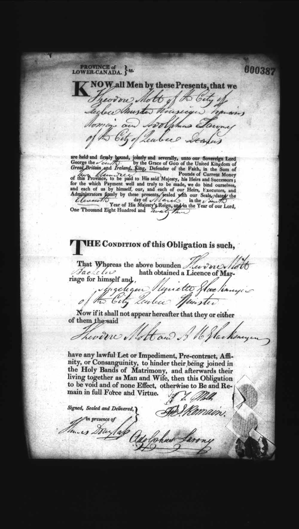 Digitized page of Upper and Lower Canada Marriage Bonds (1779-1865) for Image No.: e008236281