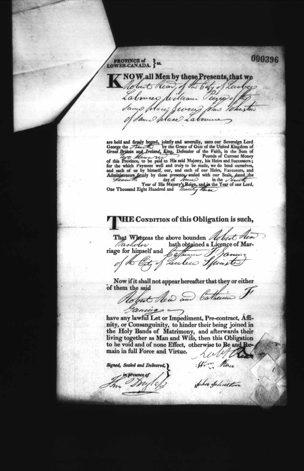 Digitized page of Upper and Lower Canada Marriage Bonds (1779-1865) for Image No.: e008236292
