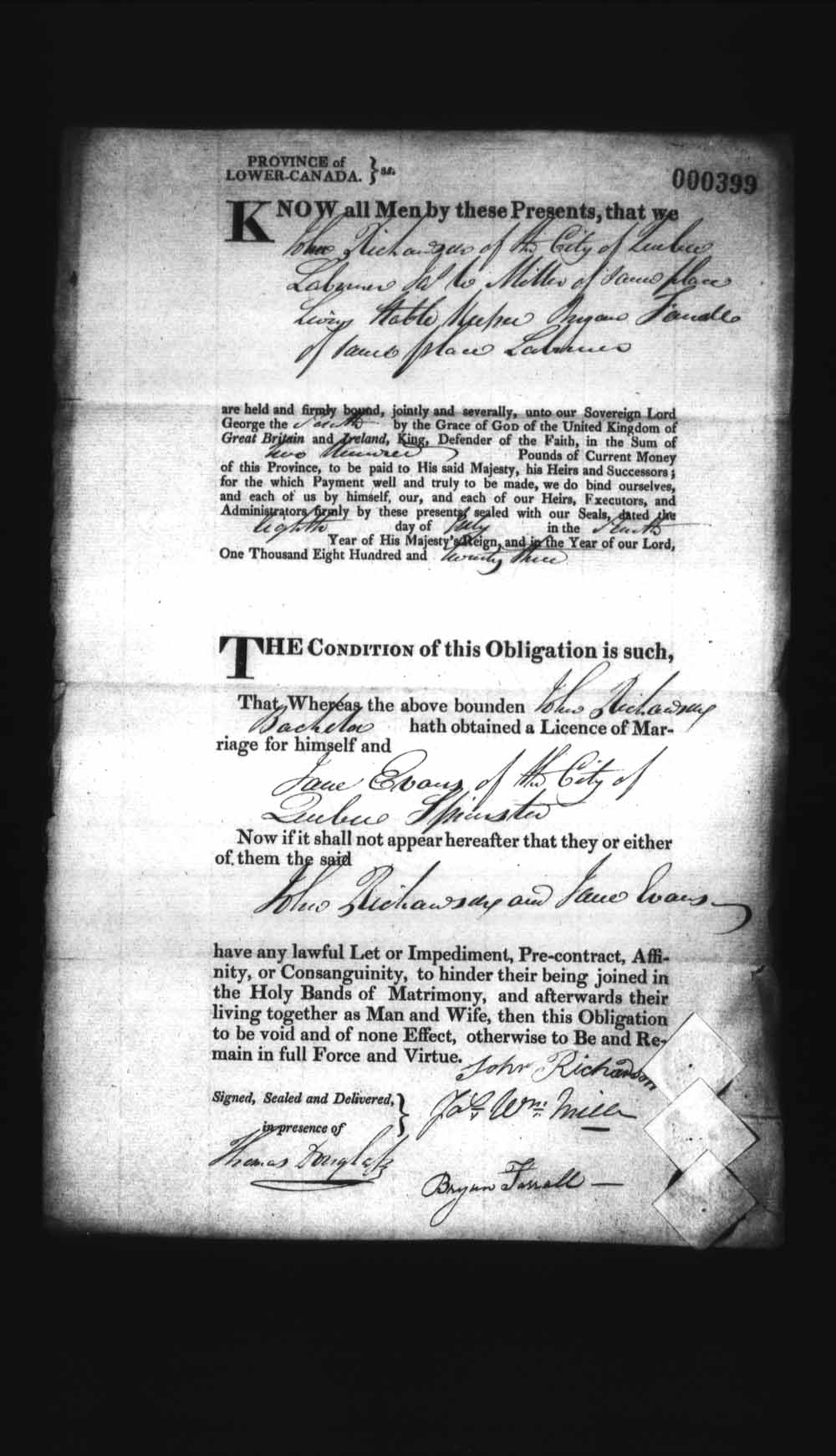 Digitized page of Upper and Lower Canada Marriage Bonds (1779-1865) for Image No.: e008236296