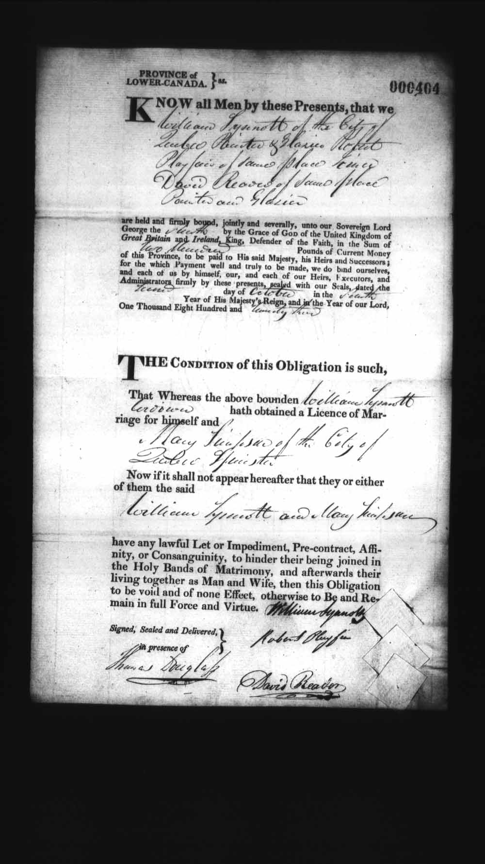 Digitized page of Upper and Lower Canada Marriage Bonds (1779-1865) for Image No.: e008236301