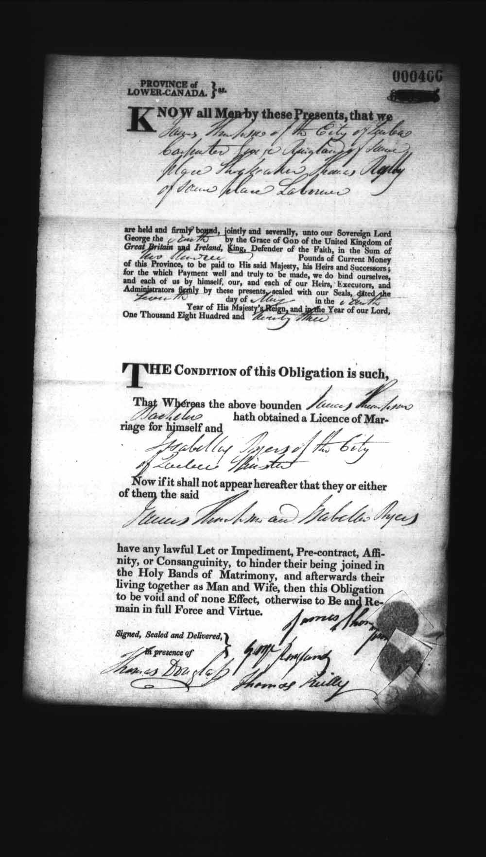 Digitized page of Upper and Lower Canada Marriage Bonds (1779-1865) for Image No.: e008236303