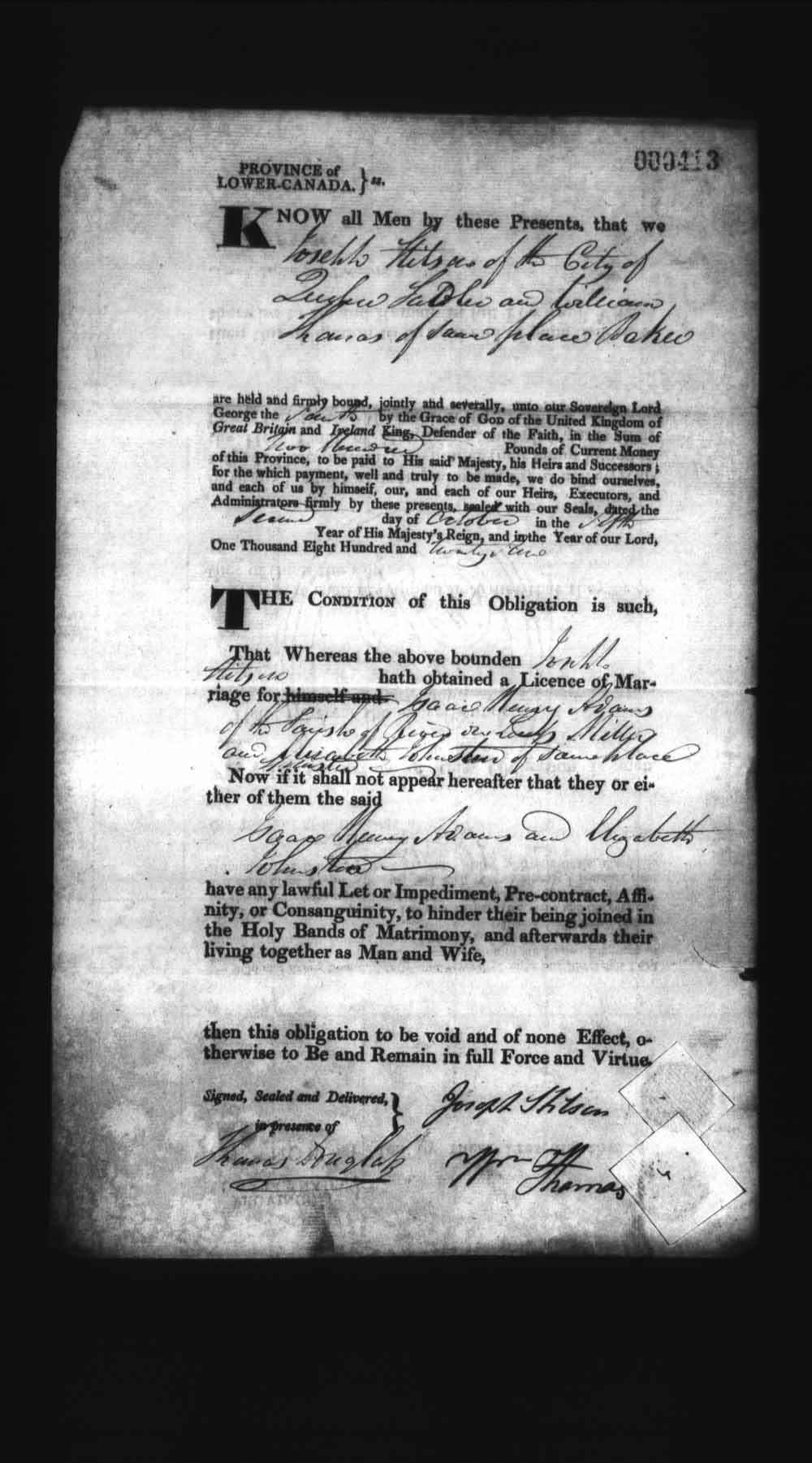Digitized page of Upper and Lower Canada Marriage Bonds (1779-1865) for Image No.: e008236314