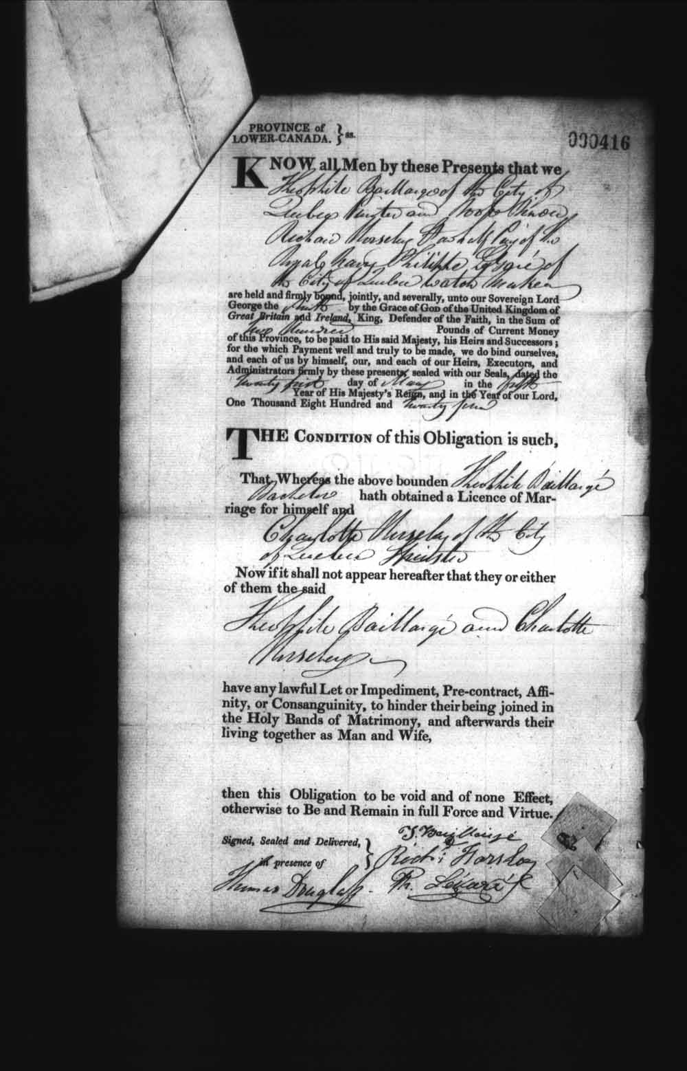 Digitized page of Upper and Lower Canada Marriage Bonds (1779-1865) for Image No.: e008236318