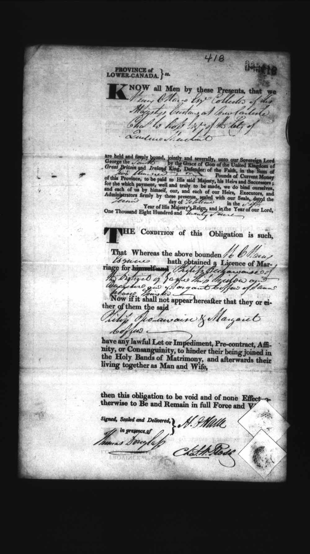 Digitized page of Upper and Lower Canada Marriage Bonds (1779-1865) for Image No.: e008236321