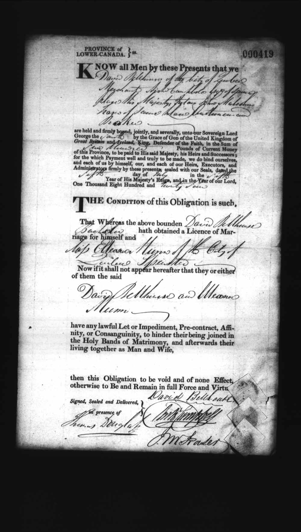 Digitized page of Upper and Lower Canada Marriage Bonds (1779-1865) for Image No.: e008236322