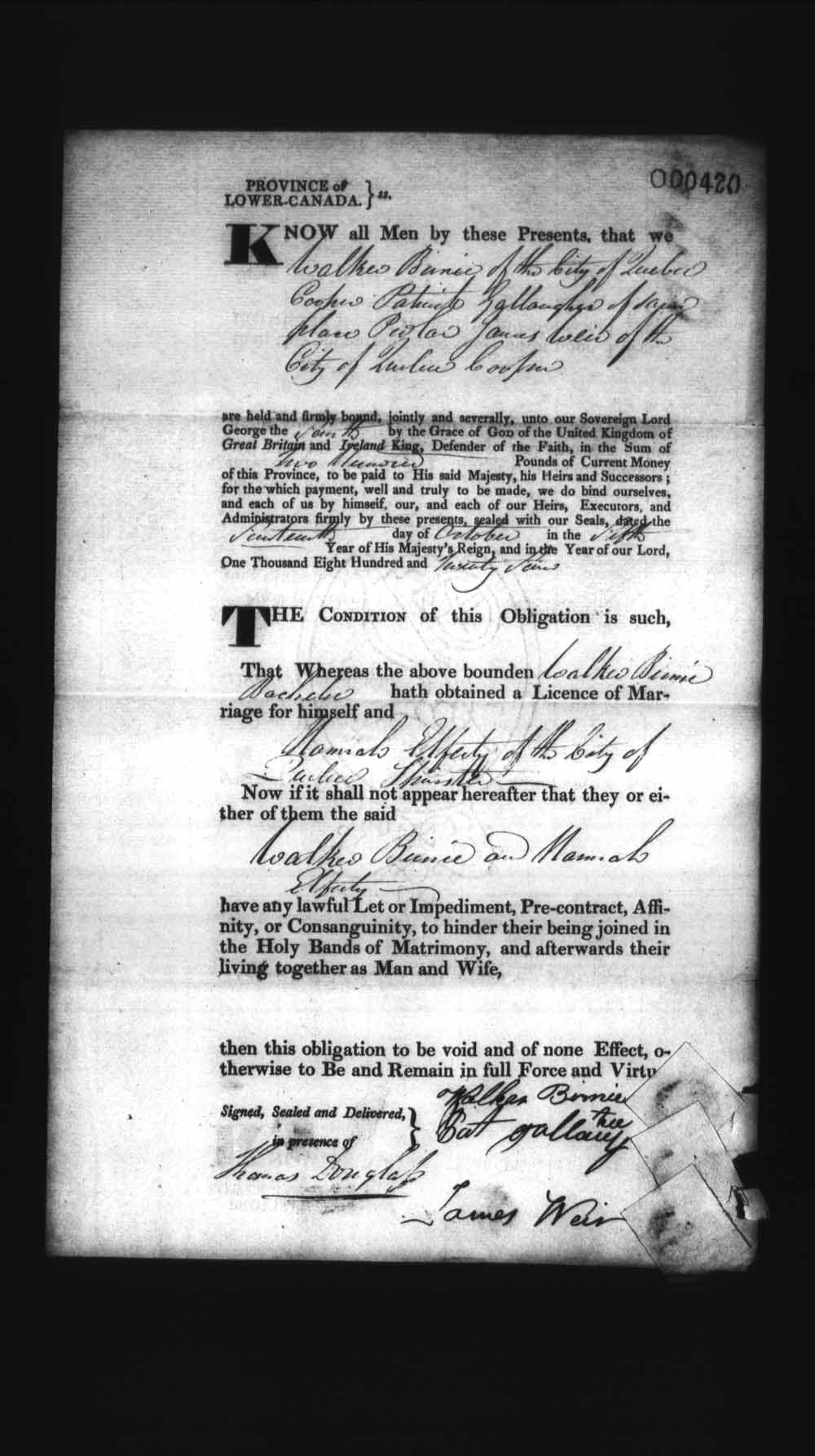 Page numérisé de Cautionnements de mariages pour le Haut-Canada et le Bas-Canada (1779-1865) pour l'image numéro: e008236323