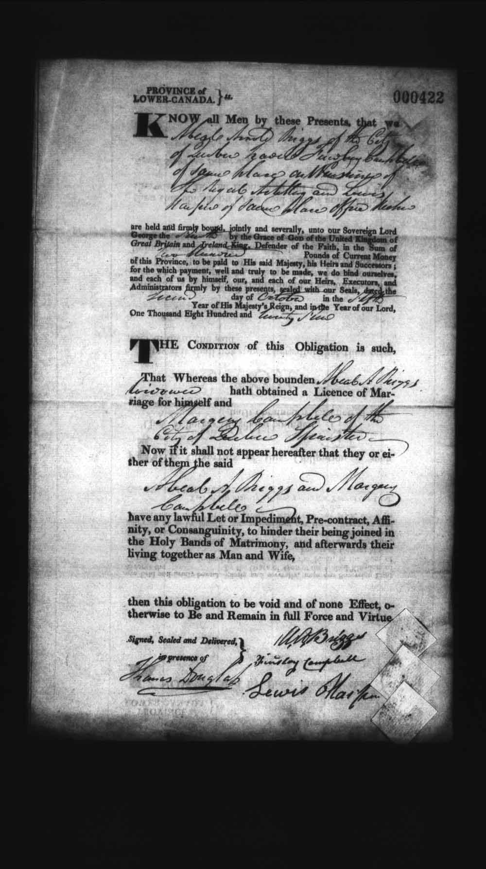 Digitized page of Upper and Lower Canada Marriage Bonds (1779-1865) for Image No.: e008236325