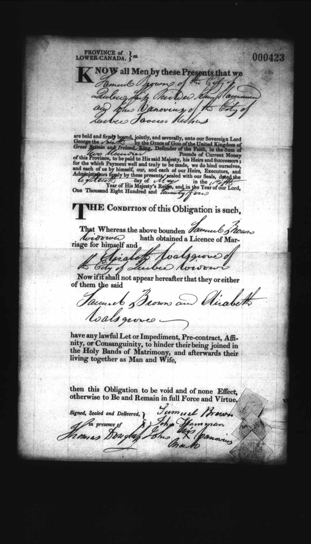 Digitized page of Upper and Lower Canada Marriage Bonds (1779-1865) for Image No.: e008236326