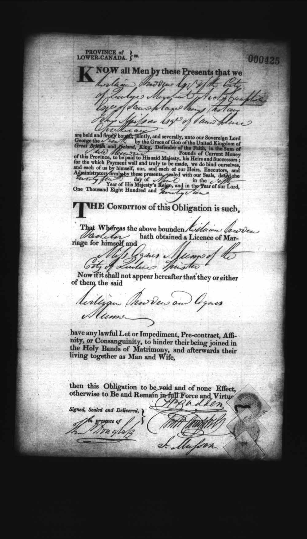 Digitized page of Upper and Lower Canada Marriage Bonds (1779-1865) for Image No.: e008236329