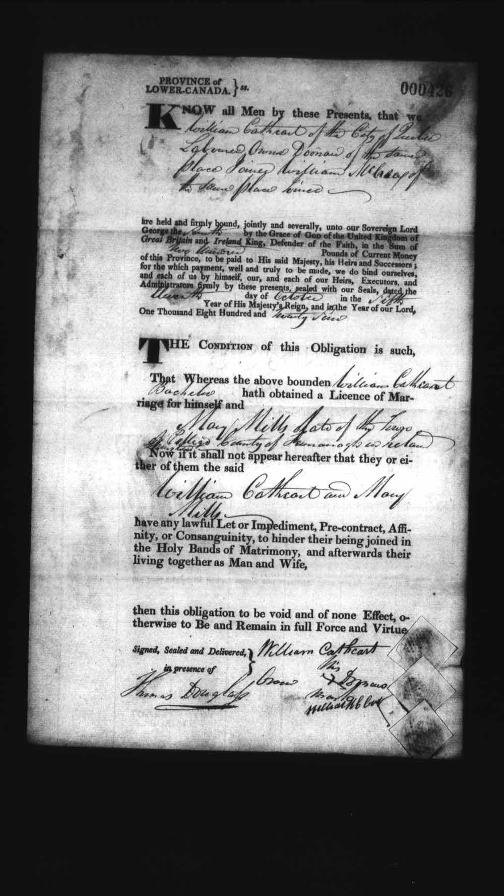 Digitized page of Upper and Lower Canada Marriage Bonds (1779-1865) for Image No.: e008236330