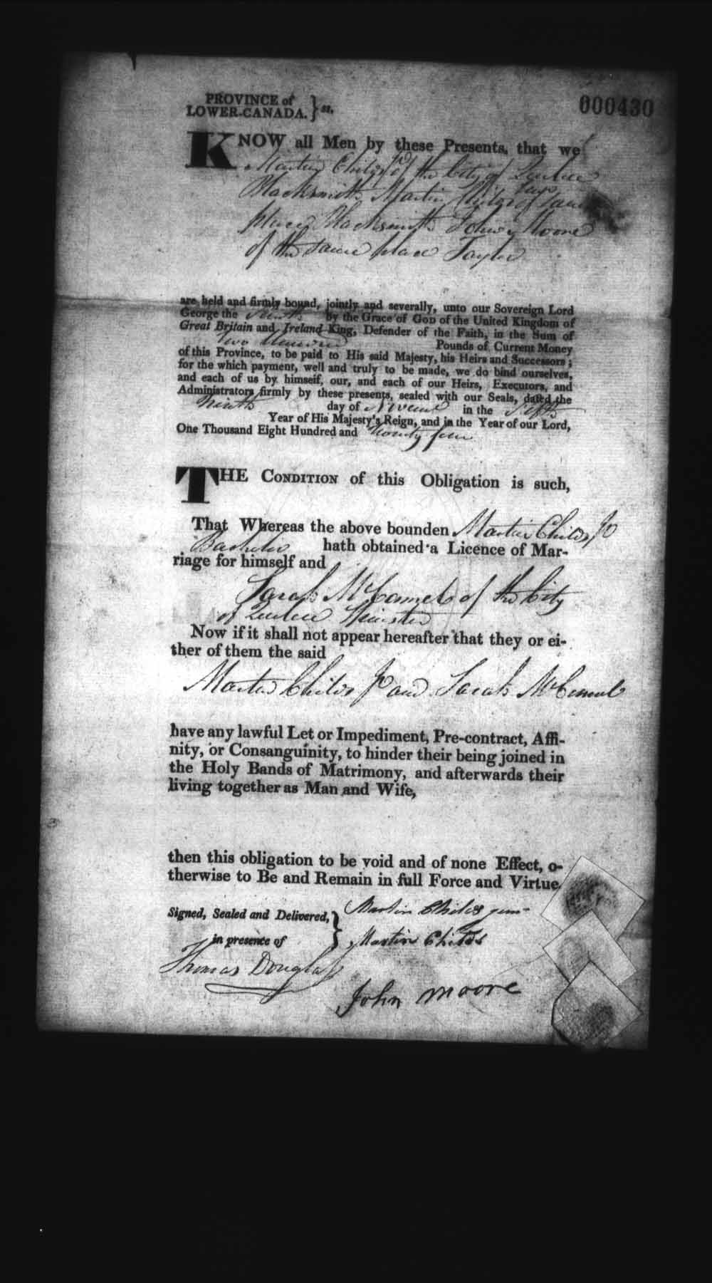 Digitized page of Upper and Lower Canada Marriage Bonds (1779-1865) for Image No.: e008236334