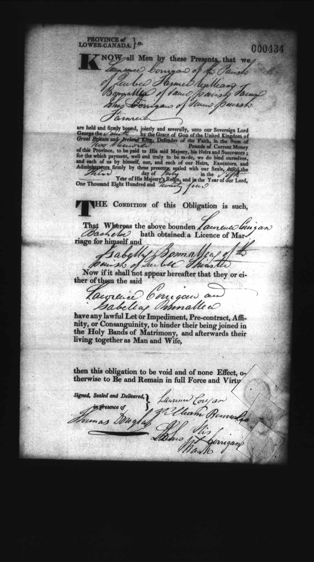 Digitized page of Upper and Lower Canada Marriage Bonds (1779-1865) for Image No.: e008236338