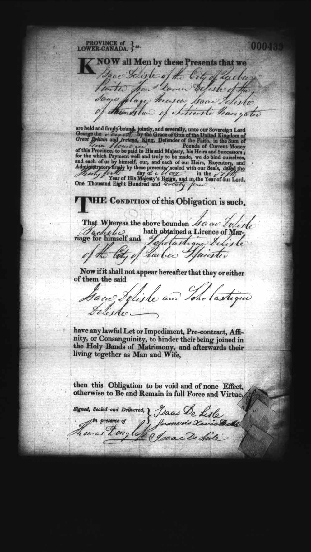 Digitized page of Upper and Lower Canada Marriage Bonds (1779-1865) for Image No.: e008236343