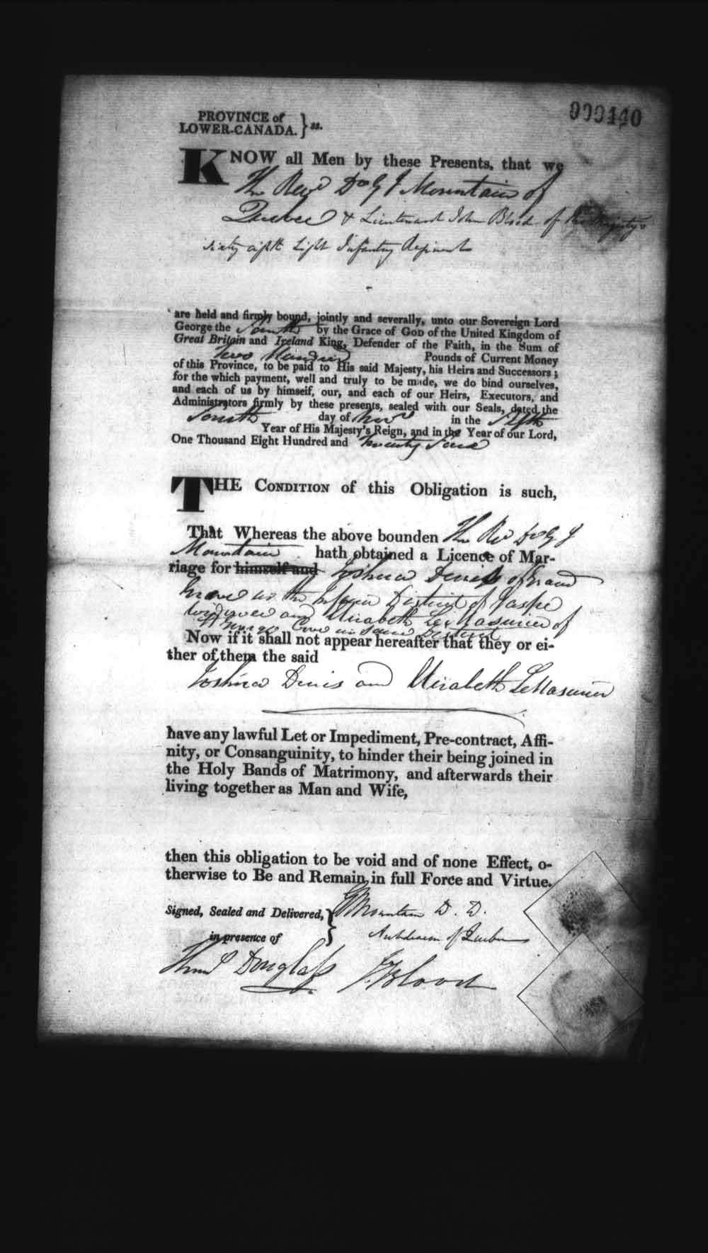 Digitized page of Upper and Lower Canada Marriage Bonds (1779-1865) for Image No.: e008236344