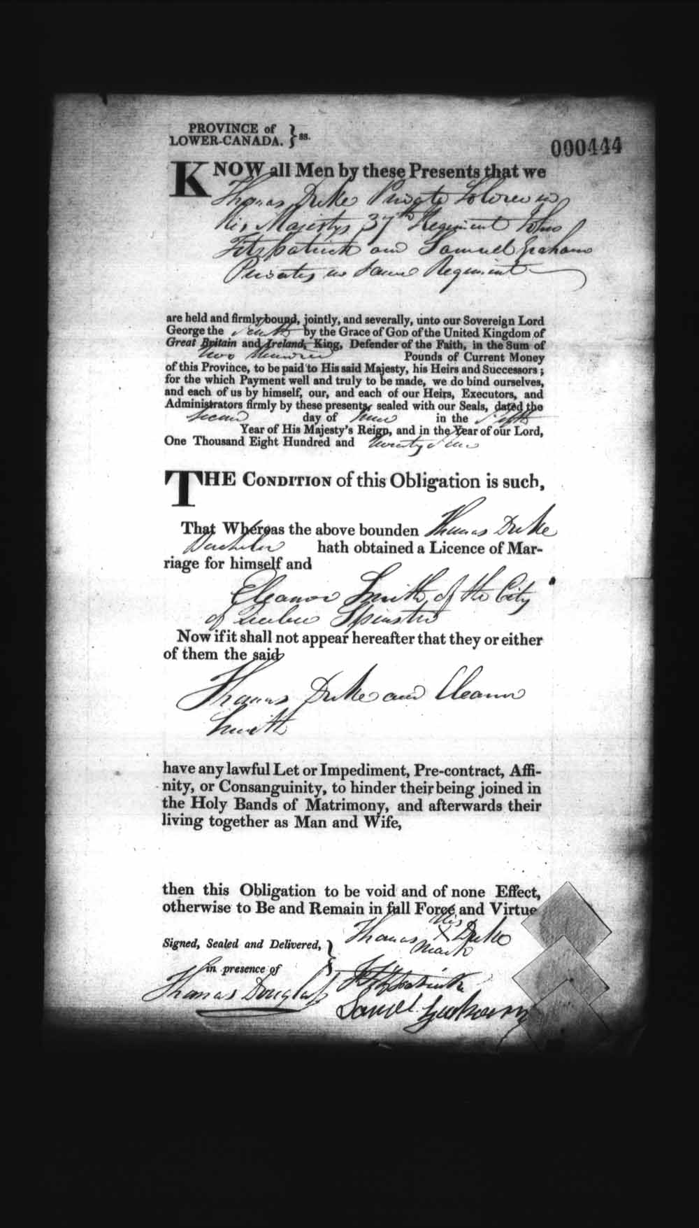 Digitized page of Upper and Lower Canada Marriage Bonds (1779-1865) for Image No.: e008236349