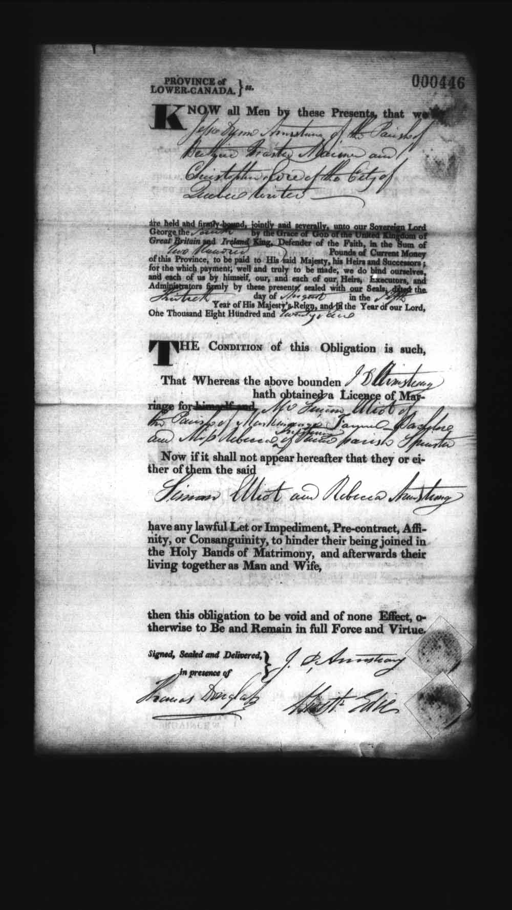 Digitized page of Upper and Lower Canada Marriage Bonds (1779-1865) for Image No.: e008236351