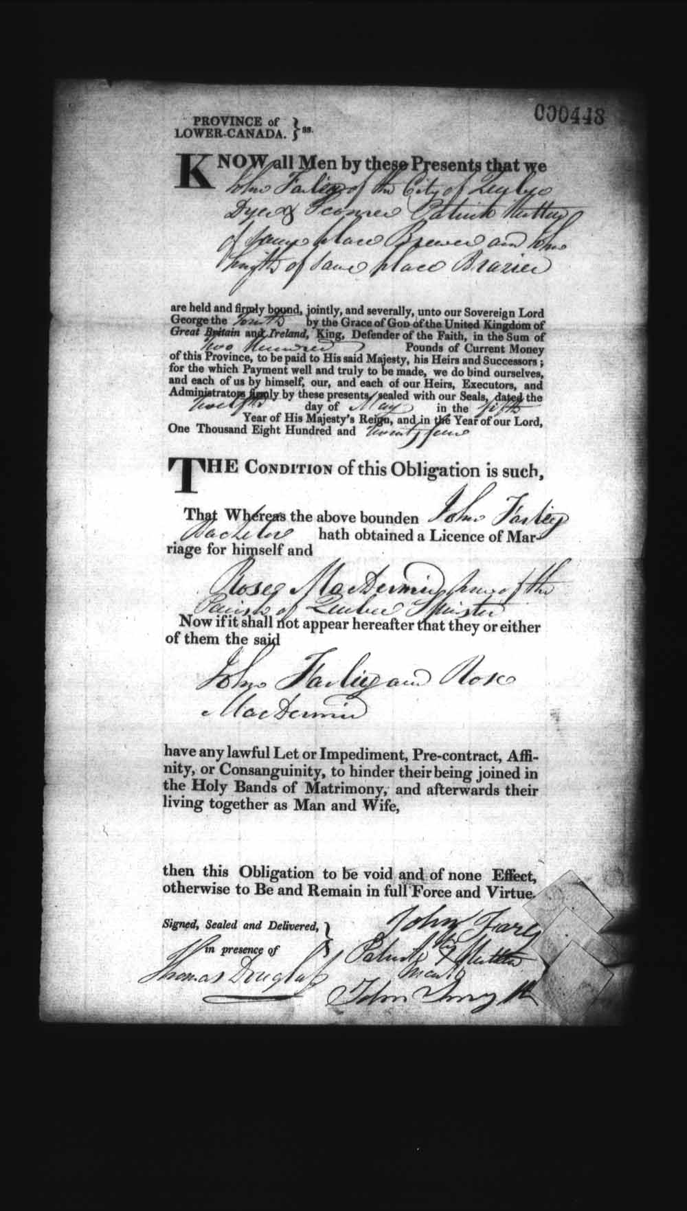 Digitized page of Upper and Lower Canada Marriage Bonds (1779-1865) for Image No.: e008236353