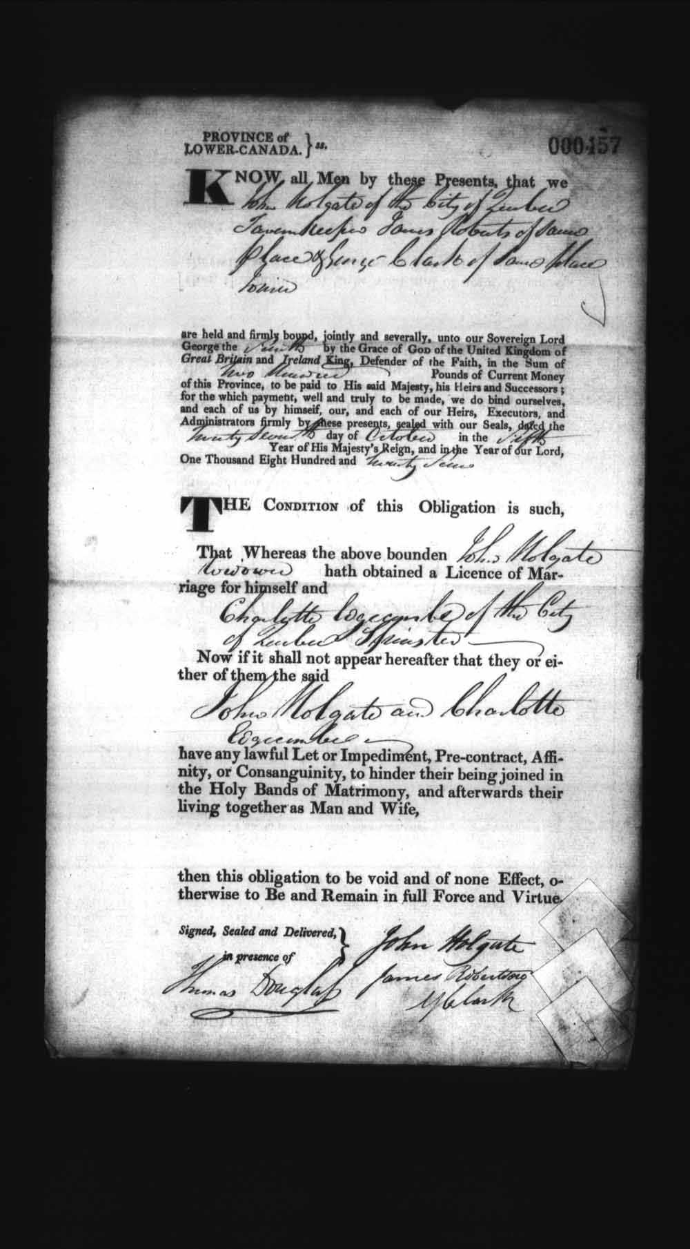 Digitized page of Upper and Lower Canada Marriage Bonds (1779-1865) for Image No.: e008236364