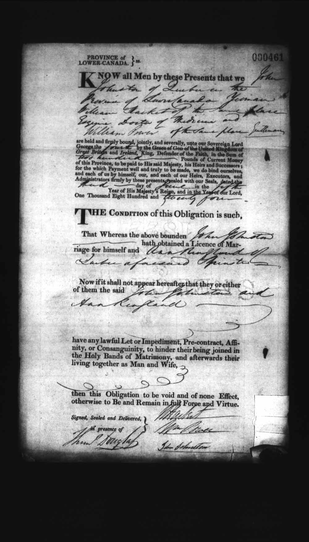Page numérisé de Cautionnements de mariages pour le Haut-Canada et le Bas-Canada (1779-1865) pour l'image numéro: e008236369