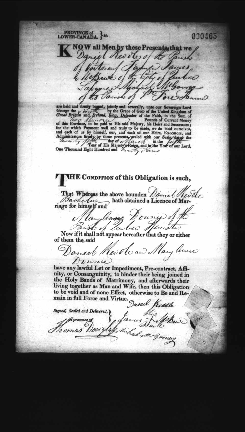 Digitized page of Upper and Lower Canada Marriage Bonds (1779-1865) for Image No.: e008236373