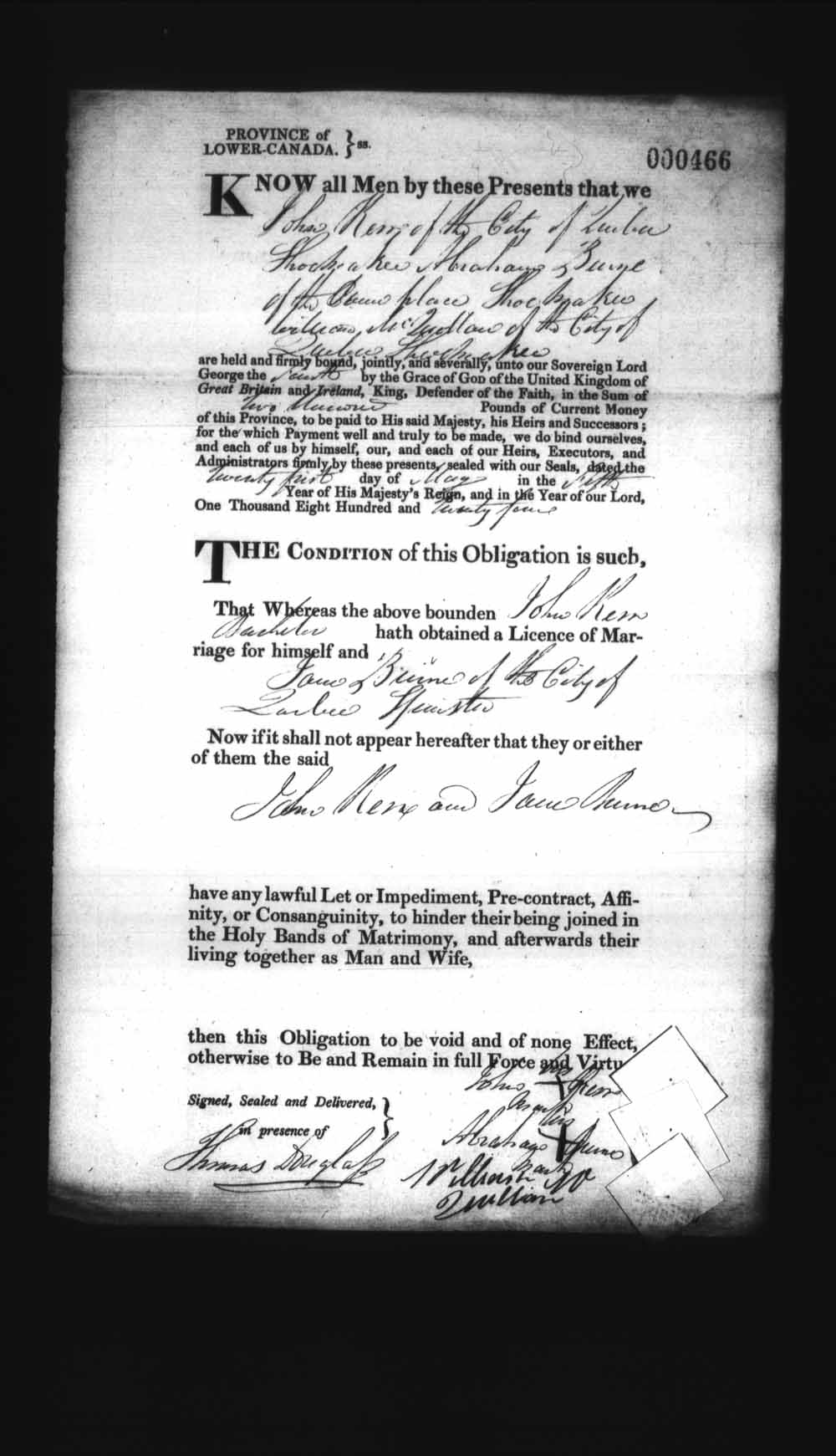 Digitized page of Upper and Lower Canada Marriage Bonds (1779-1865) for Image No.: e008236374