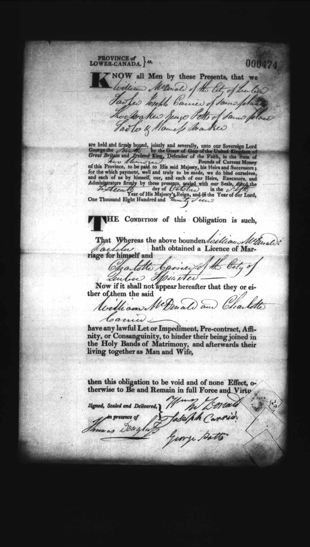 Digitized page of Upper and Lower Canada Marriage Bonds (1779-1865) for Image No.: e008236385