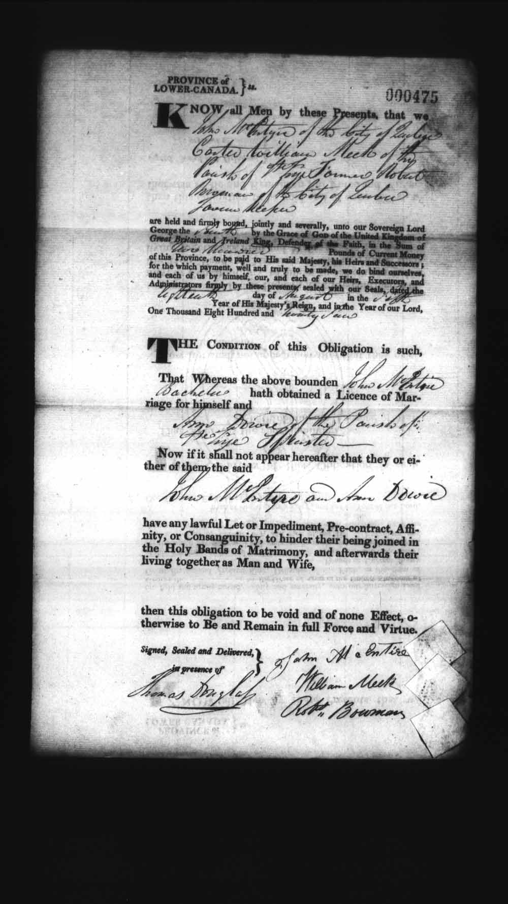 Digitized page of Upper and Lower Canada Marriage Bonds (1779-1865) for Image No.: e008236386