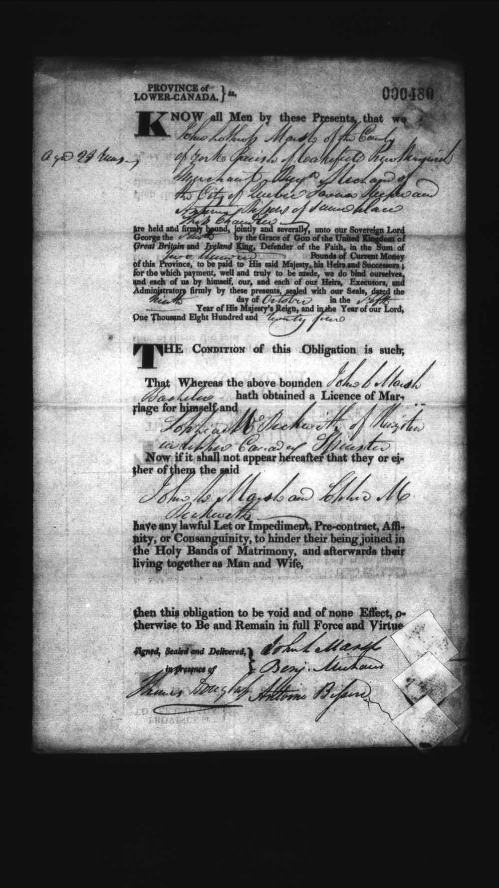 Digitized page of Upper and Lower Canada Marriage Bonds (1779-1865) for Image No.: e008236391