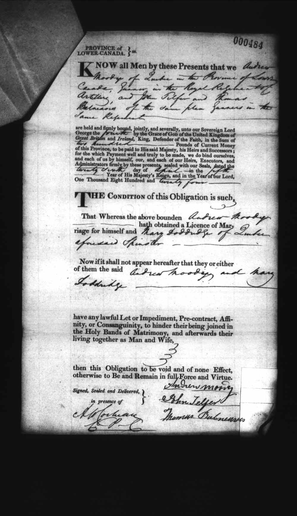 Digitized page of Upper and Lower Canada Marriage Bonds (1779-1865) for Image No.: e008236396