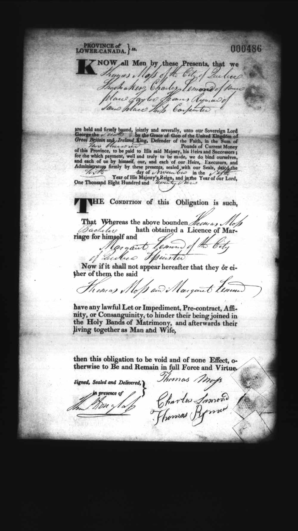 Digitized page of Upper and Lower Canada Marriage Bonds (1779-1865) for Image No.: e008236398