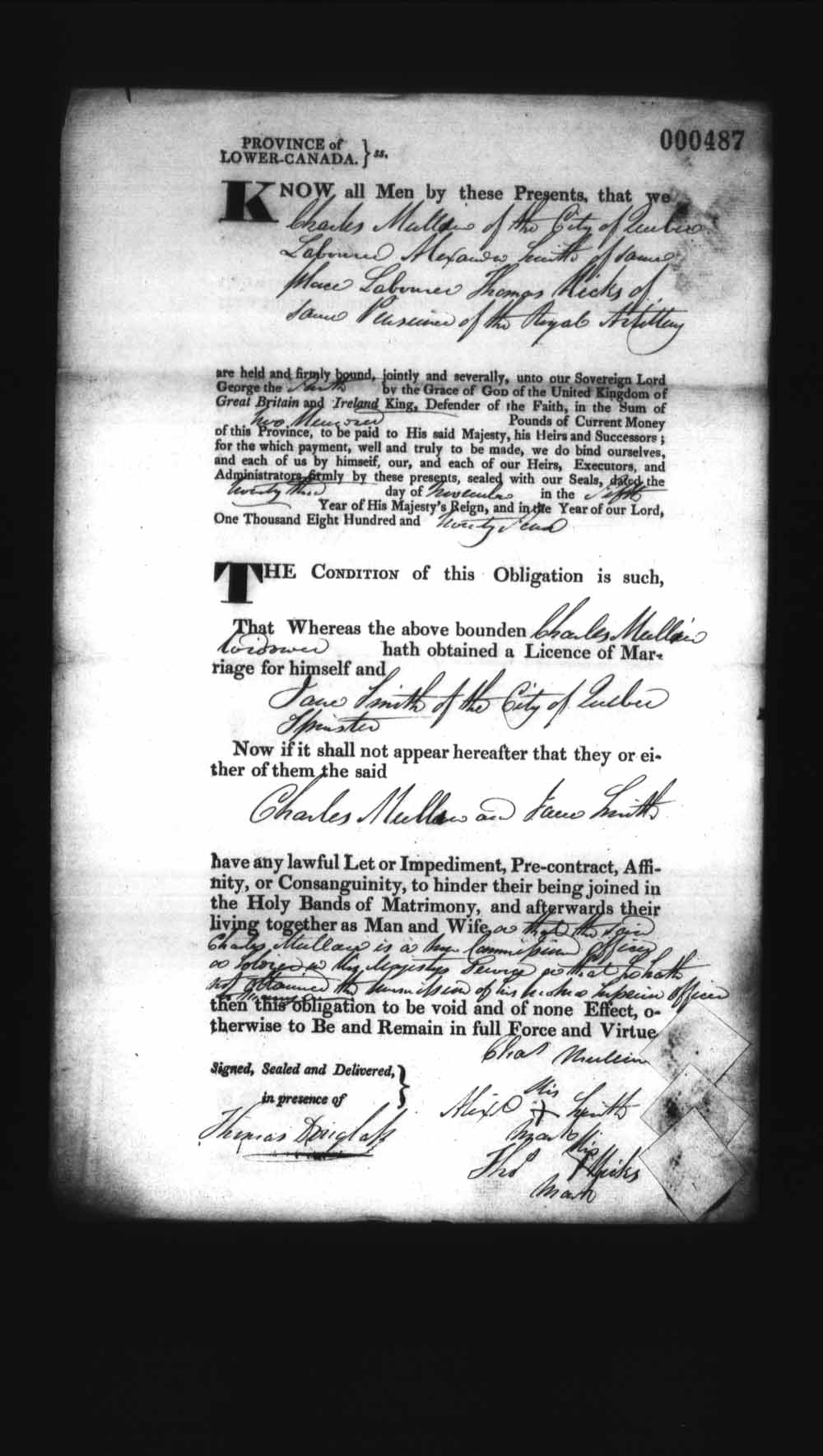 Digitized page of Upper and Lower Canada Marriage Bonds (1779-1865) for Image No.: e008236399