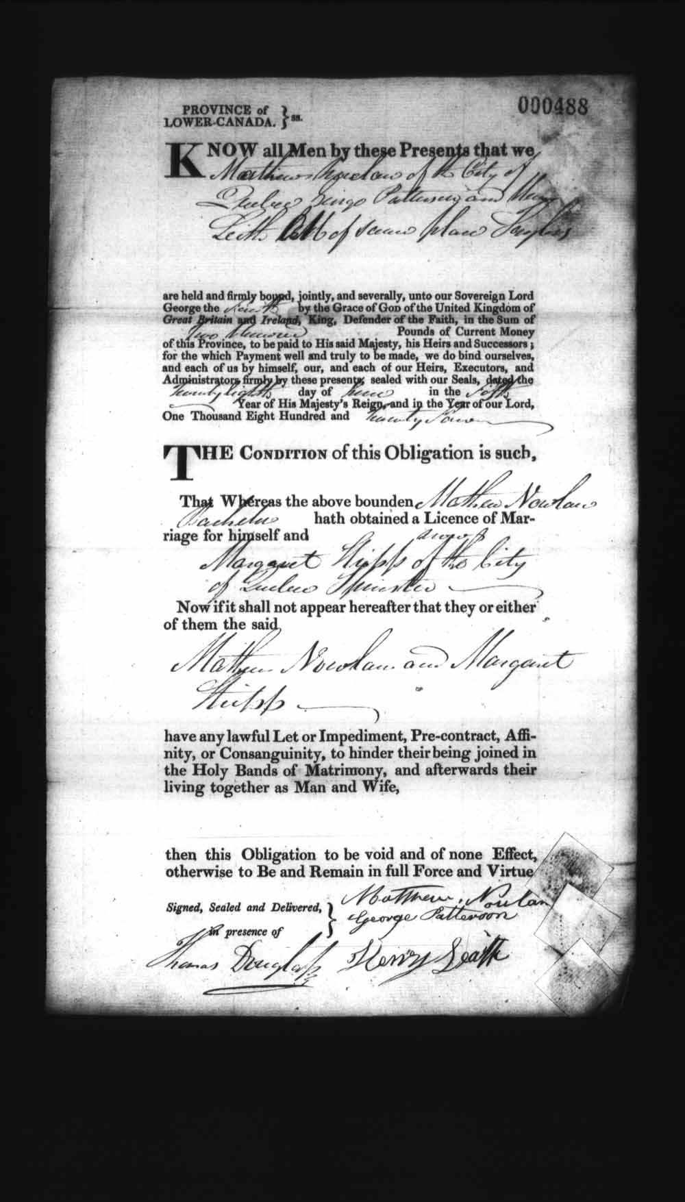 Digitized page of Upper and Lower Canada Marriage Bonds (1779-1865) for Image No.: e008236400