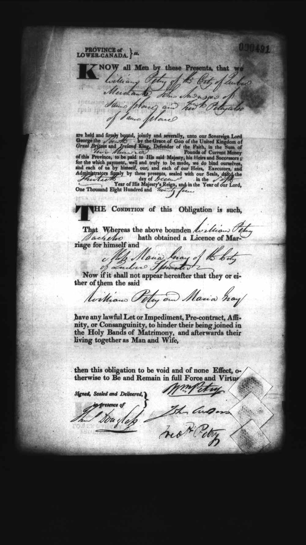 Digitized page of Upper and Lower Canada Marriage Bonds (1779-1865) for Image No.: e008236403