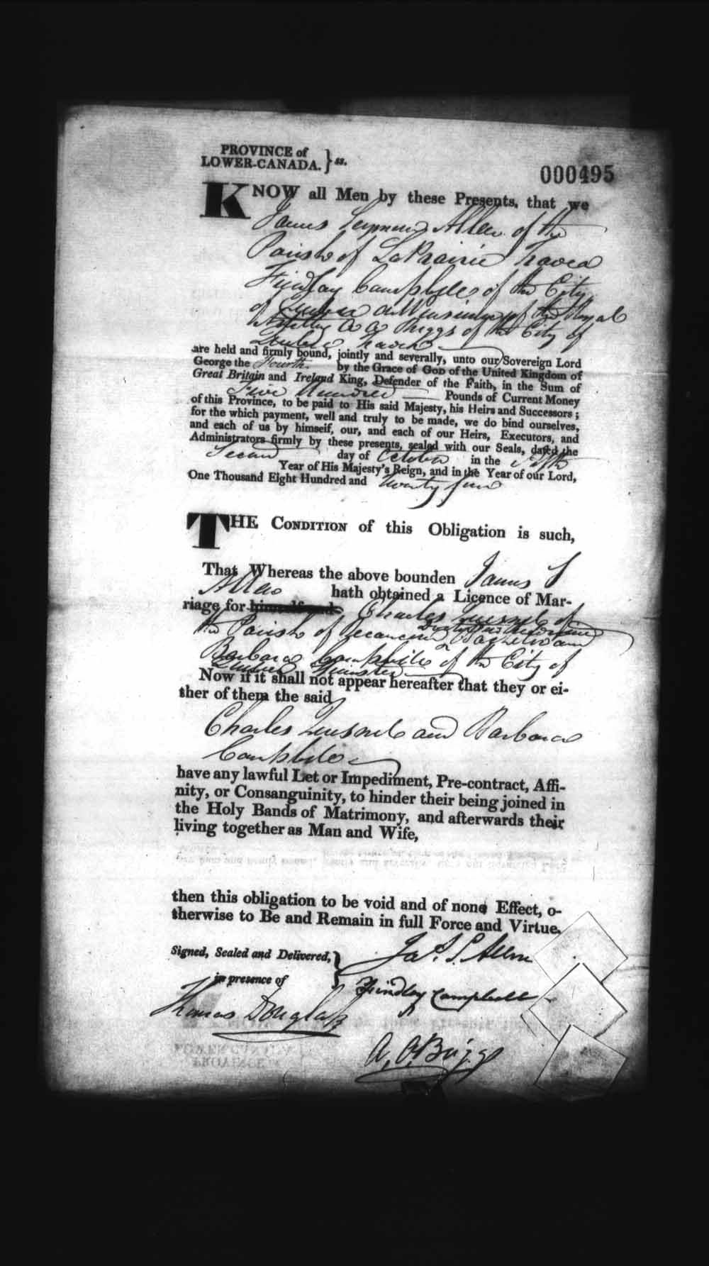 Digitized page of Upper and Lower Canada Marriage Bonds (1779-1865) for Image No.: e008236408