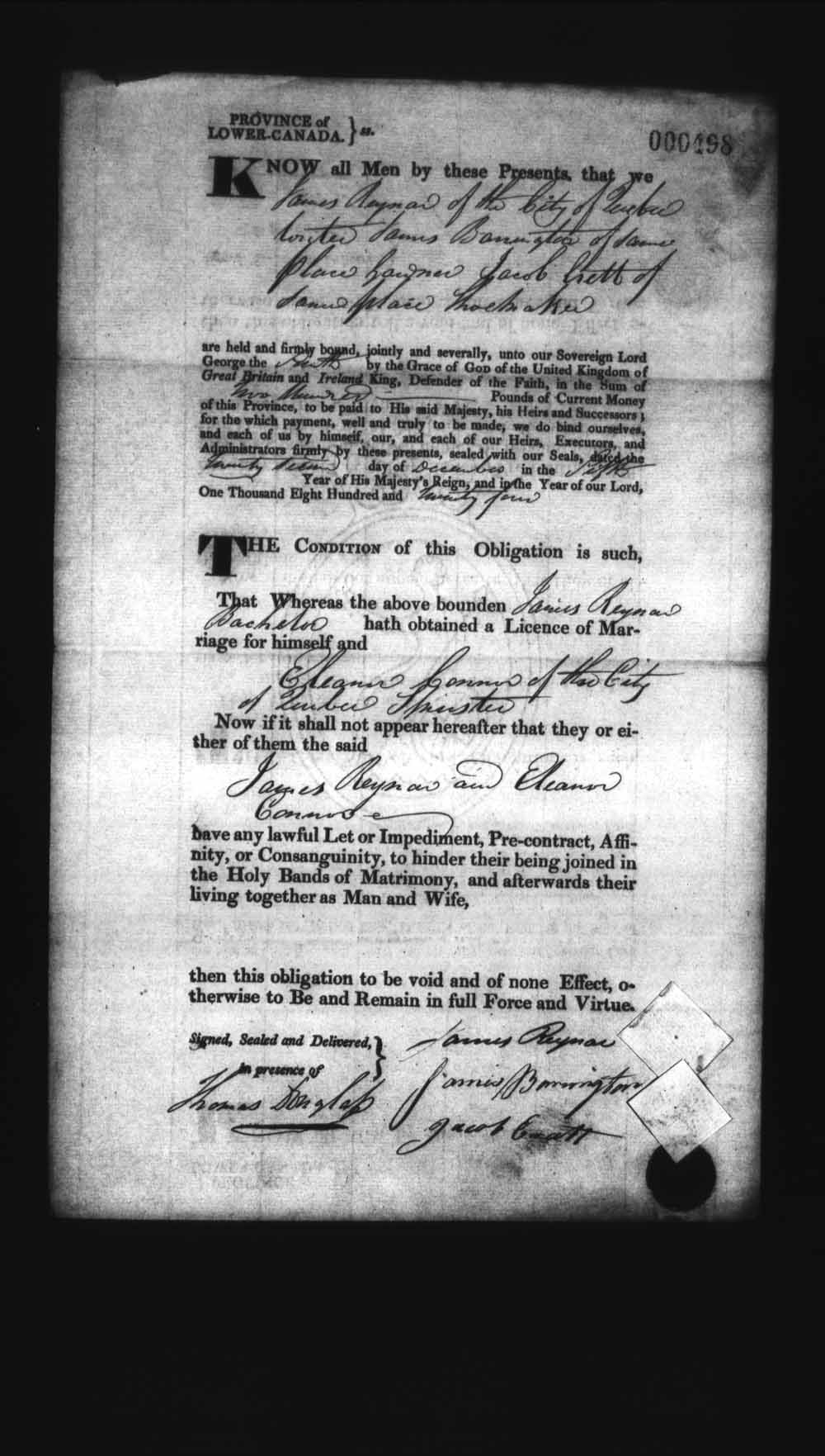 Digitized page of Upper and Lower Canada Marriage Bonds (1779-1865) for Image No.: e008236413