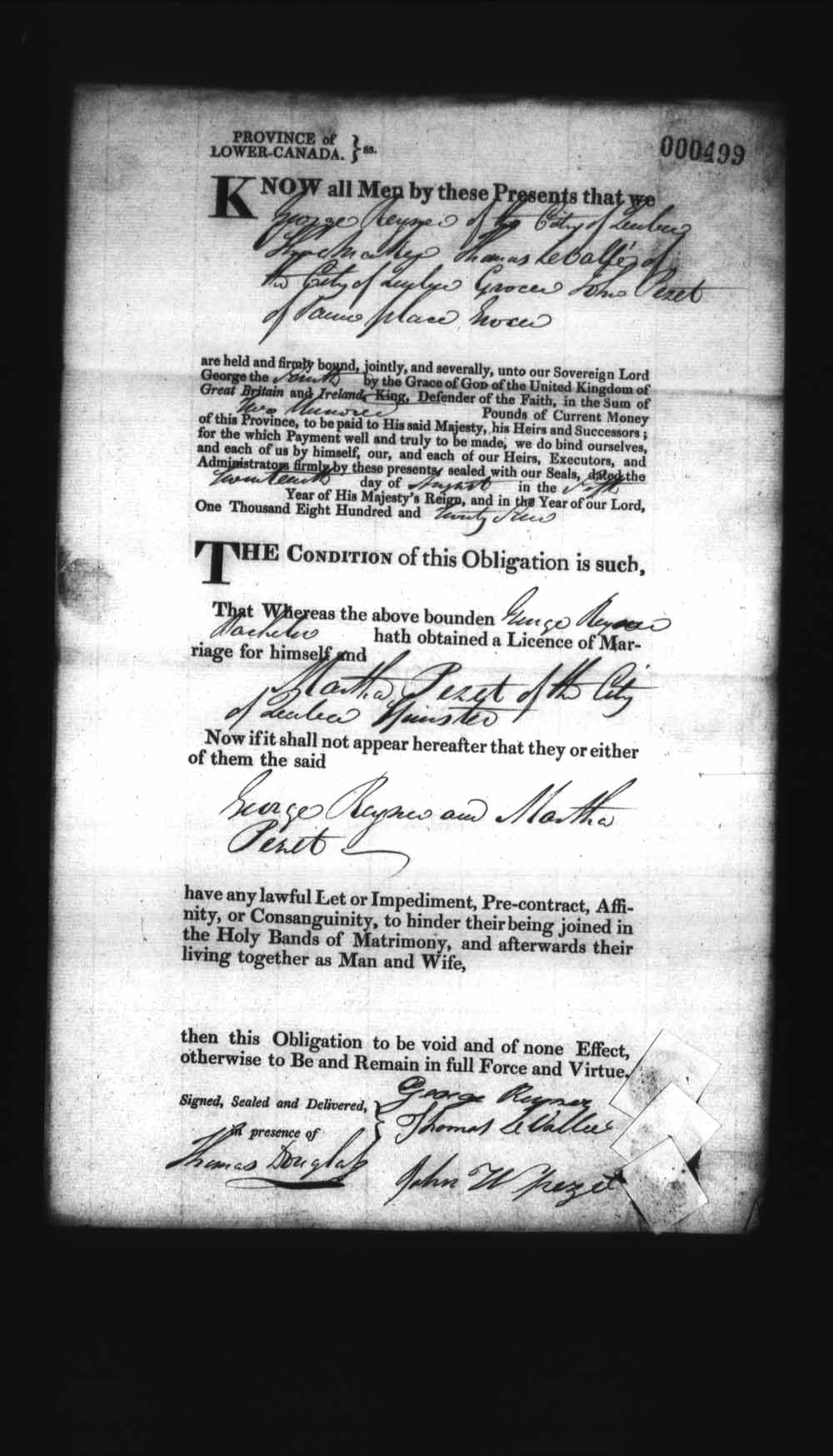 Digitized page of Upper and Lower Canada Marriage Bonds (1779-1865) for Image No.: e008236414