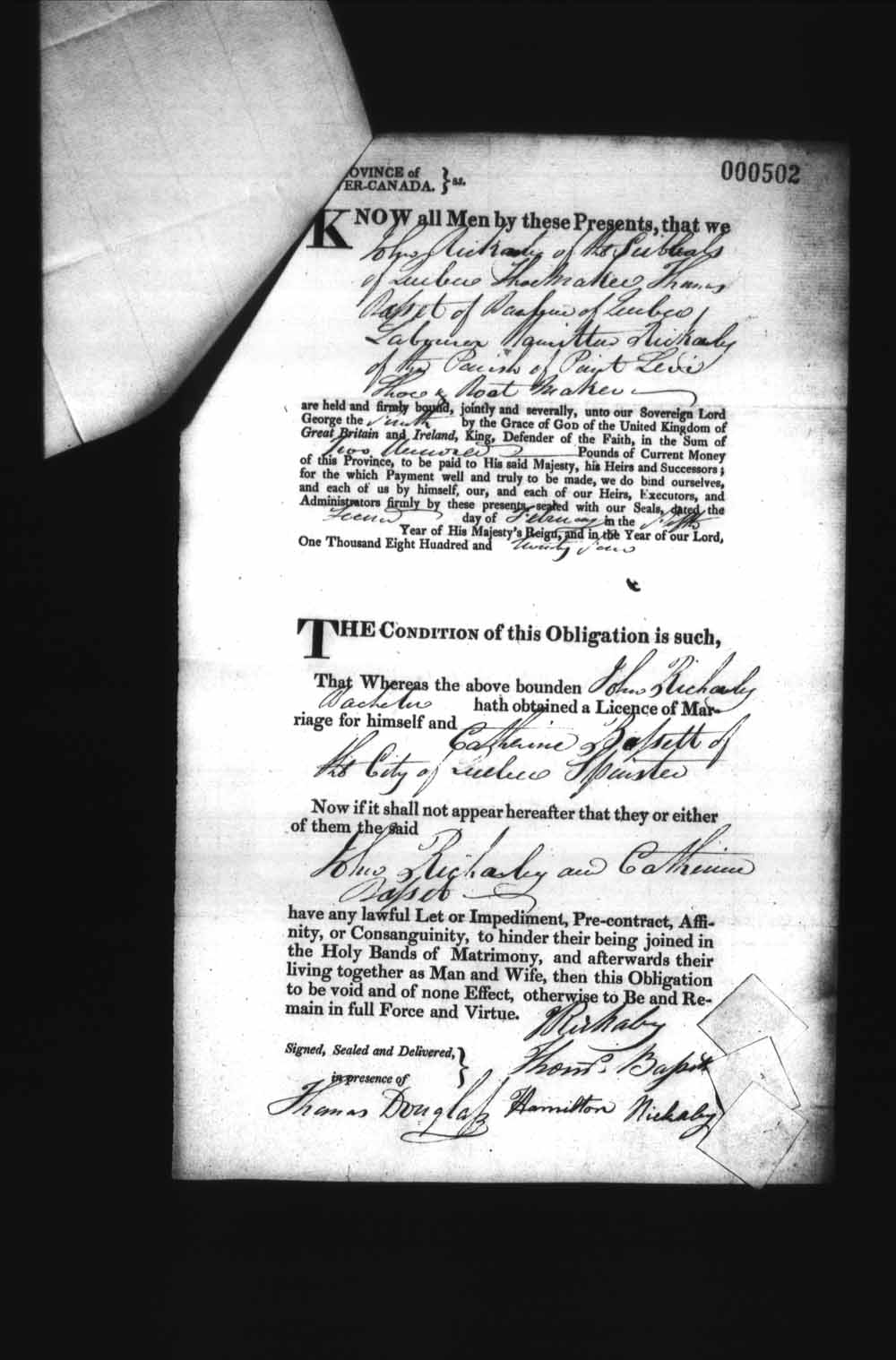 Digitized page of Upper and Lower Canada Marriage Bonds (1779-1865) for Image No.: e008236418