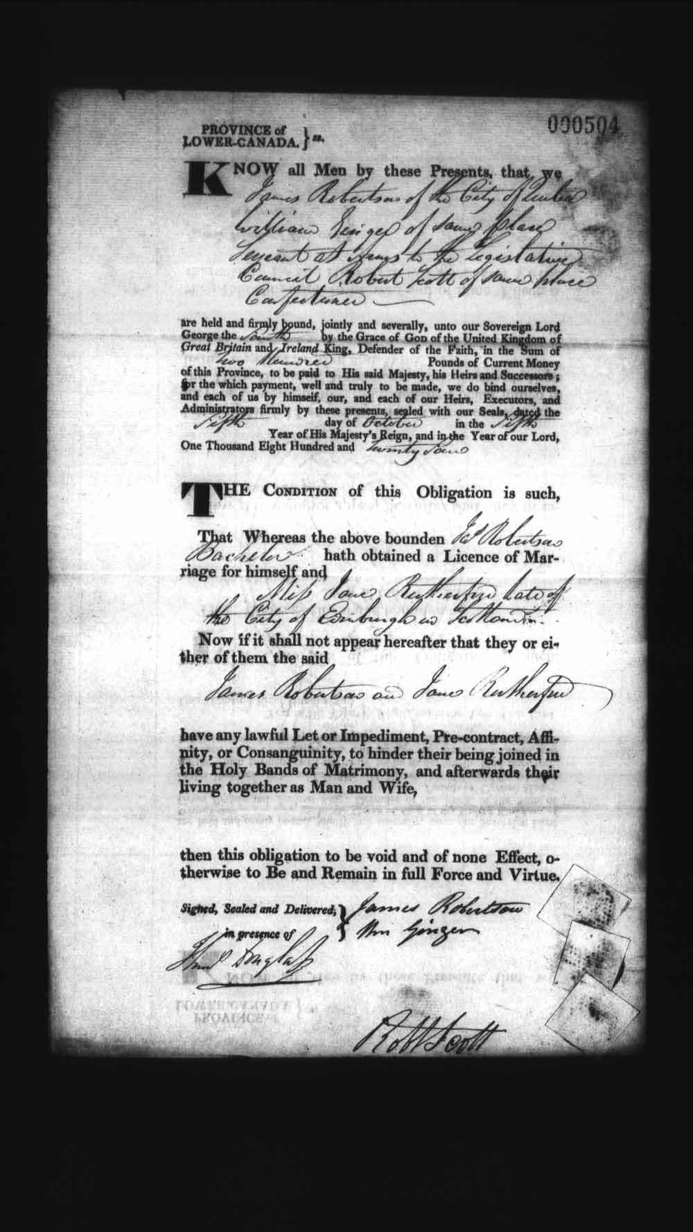 Digitized page of Upper and Lower Canada Marriage Bonds (1779-1865) for Image No.: e008236420