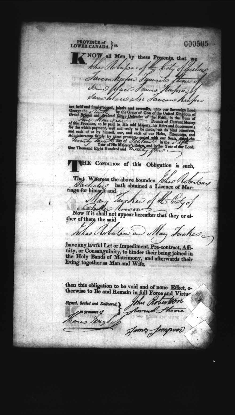 Page numérisé de Cautionnements de mariages pour le Haut-Canada et le Bas-Canada (1779-1865) pour l'image numéro: e008236421