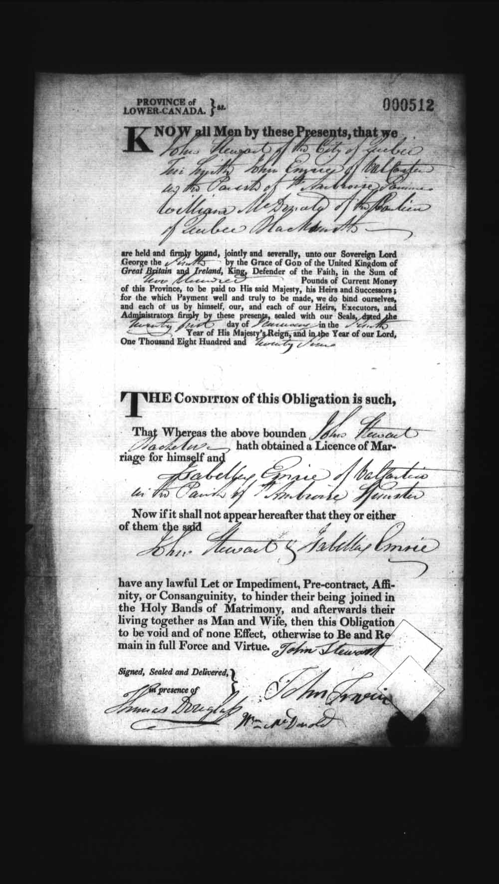 Digitized page of Upper and Lower Canada Marriage Bonds (1779-1865) for Image No.: e008236430