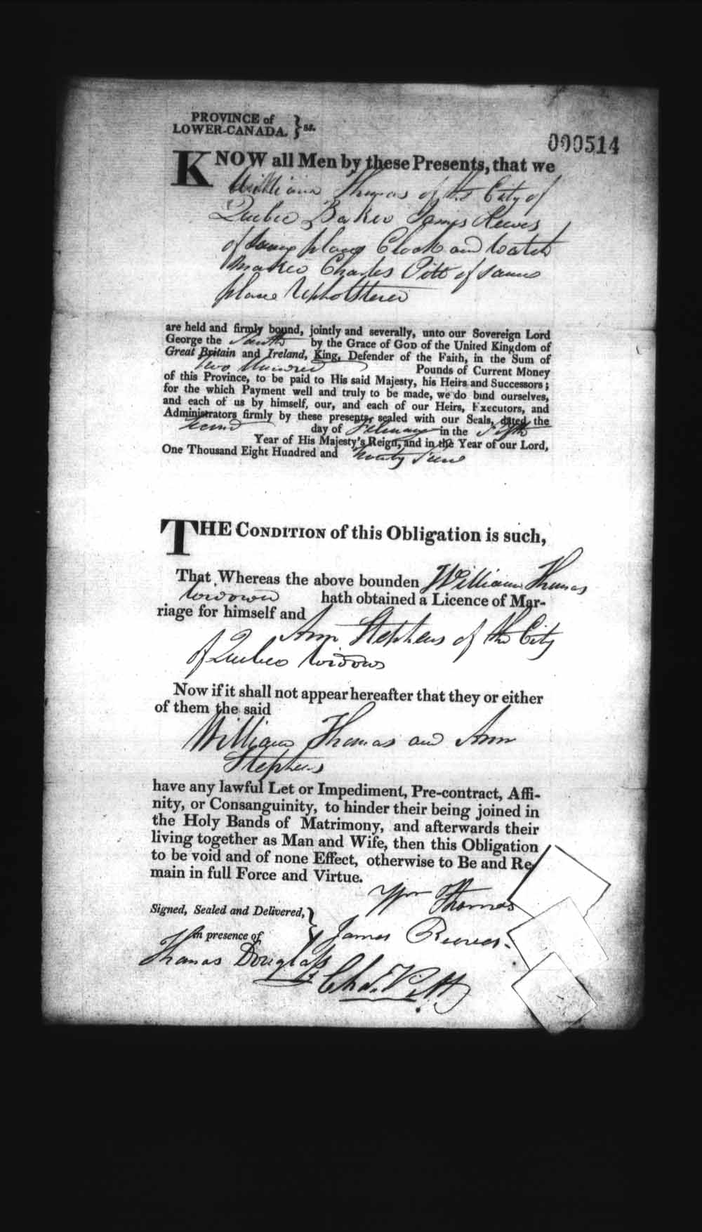 Digitized page of Upper and Lower Canada Marriage Bonds (1779-1865) for Image No.: e008236432