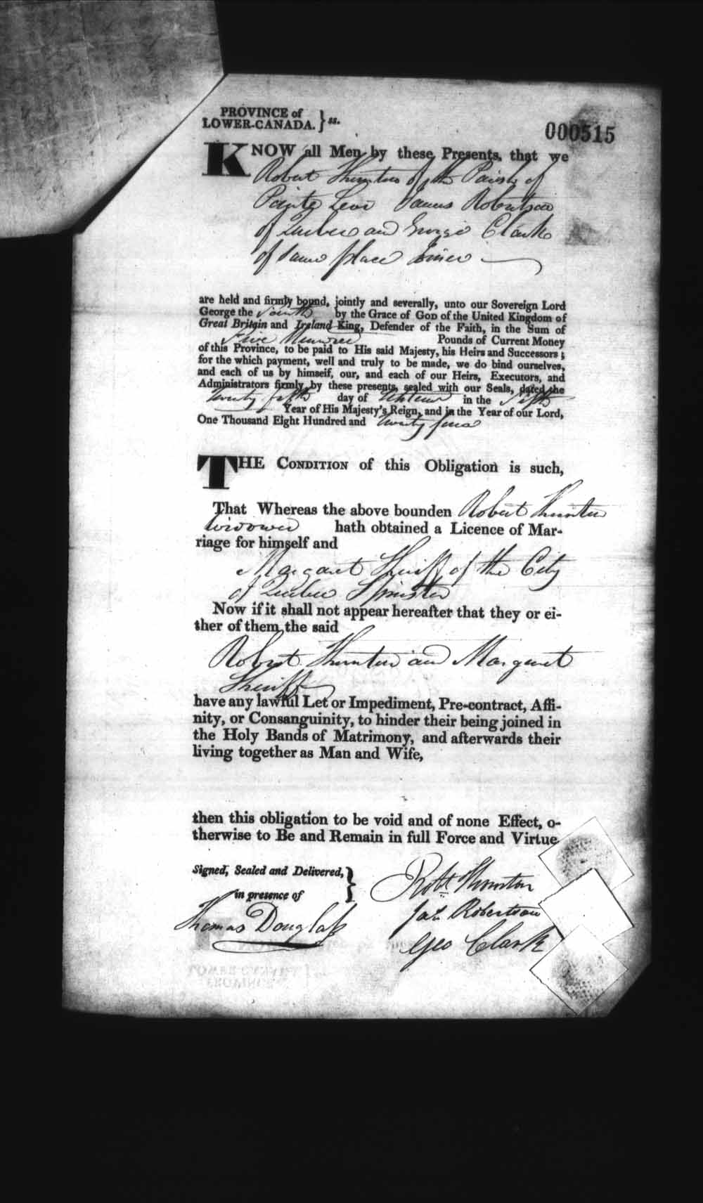 Digitized page of Upper and Lower Canada Marriage Bonds (1779-1865) for Image No.: e008236434