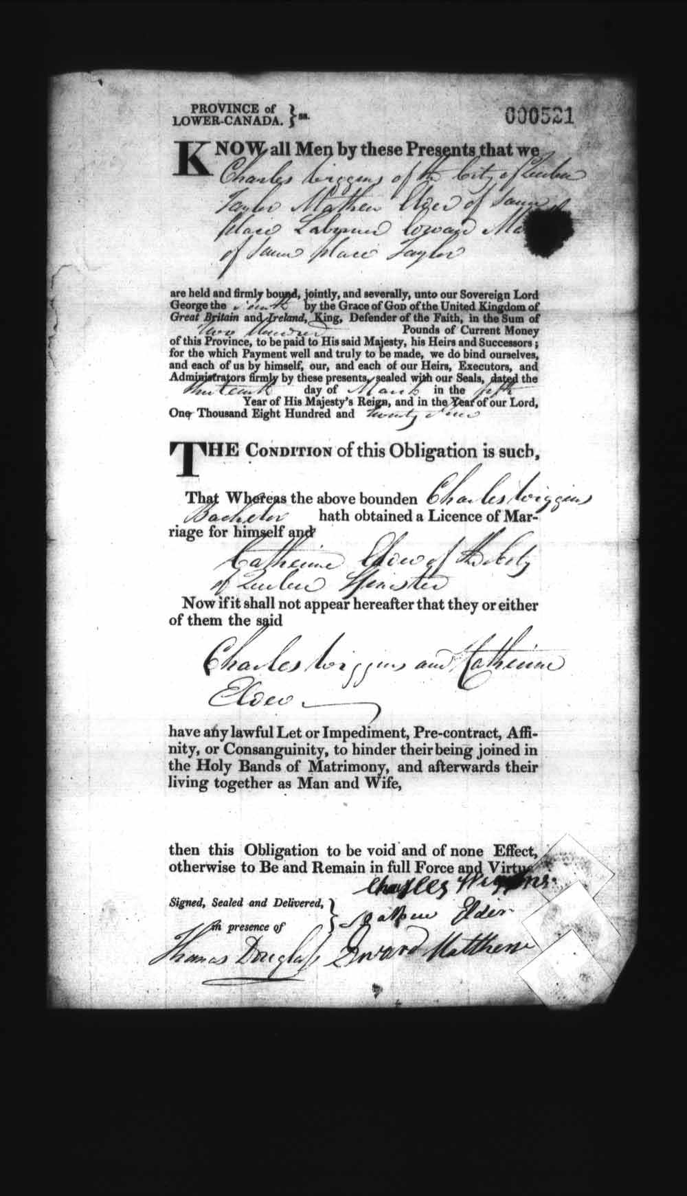 Digitized page of Upper and Lower Canada Marriage Bonds (1779-1865) for Image No.: e008236442