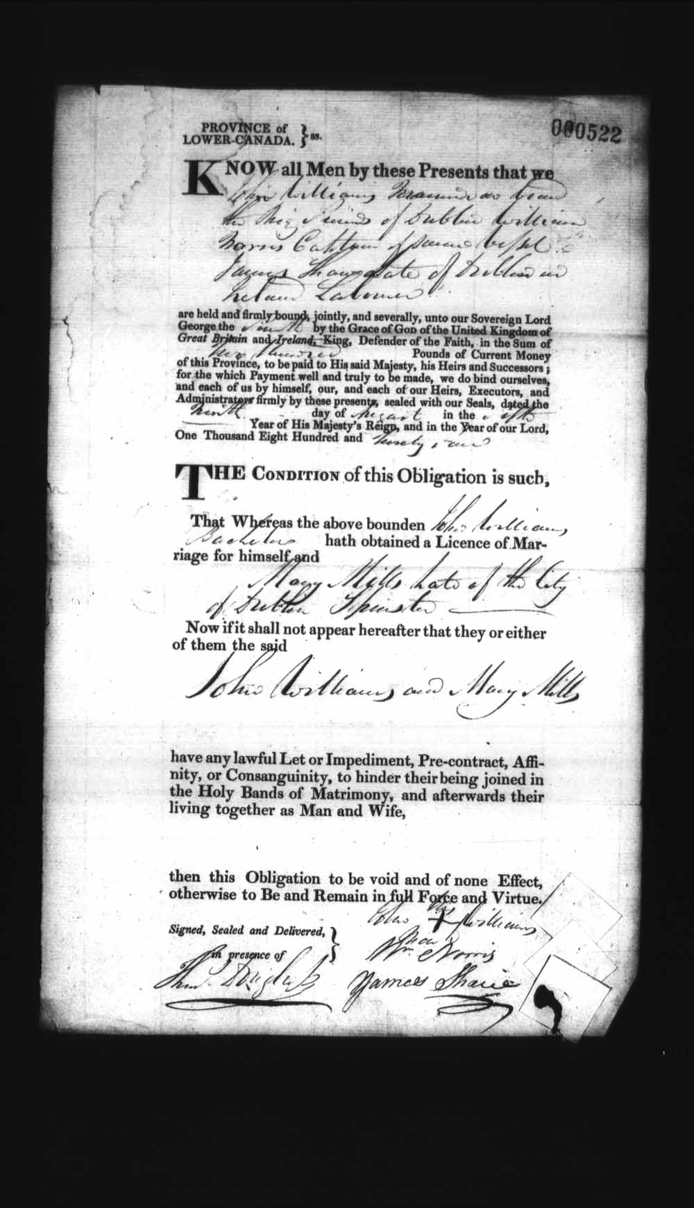 Digitized page of Upper and Lower Canada Marriage Bonds (1779-1865) for Image No.: e008236443