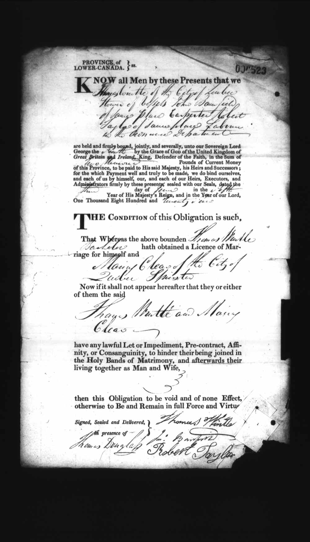 Digitized page of Upper and Lower Canada Marriage Bonds (1779-1865) for Image No.: e008236444