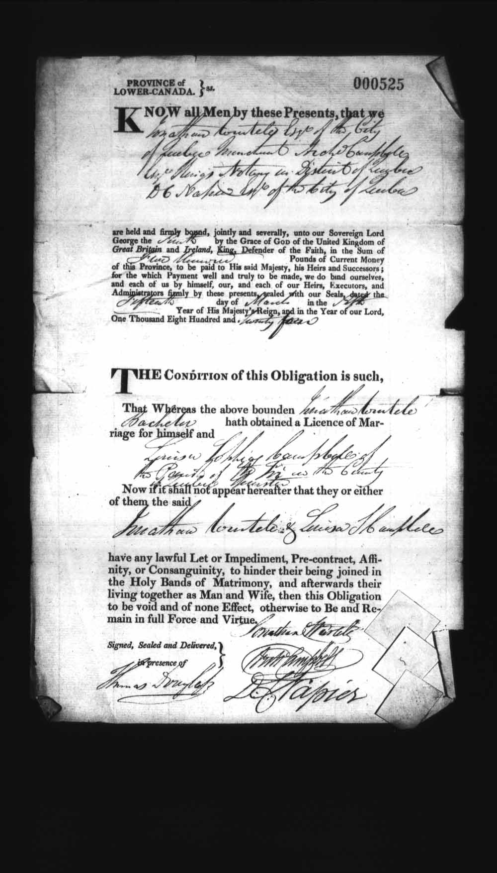 Digitized page of Upper and Lower Canada Marriage Bonds (1779-1865) for Image No.: e008236447