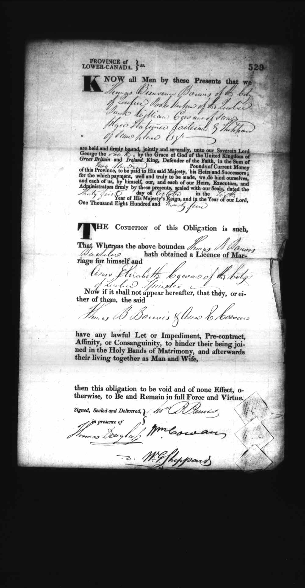 Page numérisé de Cautionnements de mariages pour le Haut-Canada et le Bas-Canada (1779-1865) pour l'image numéro: e008236512