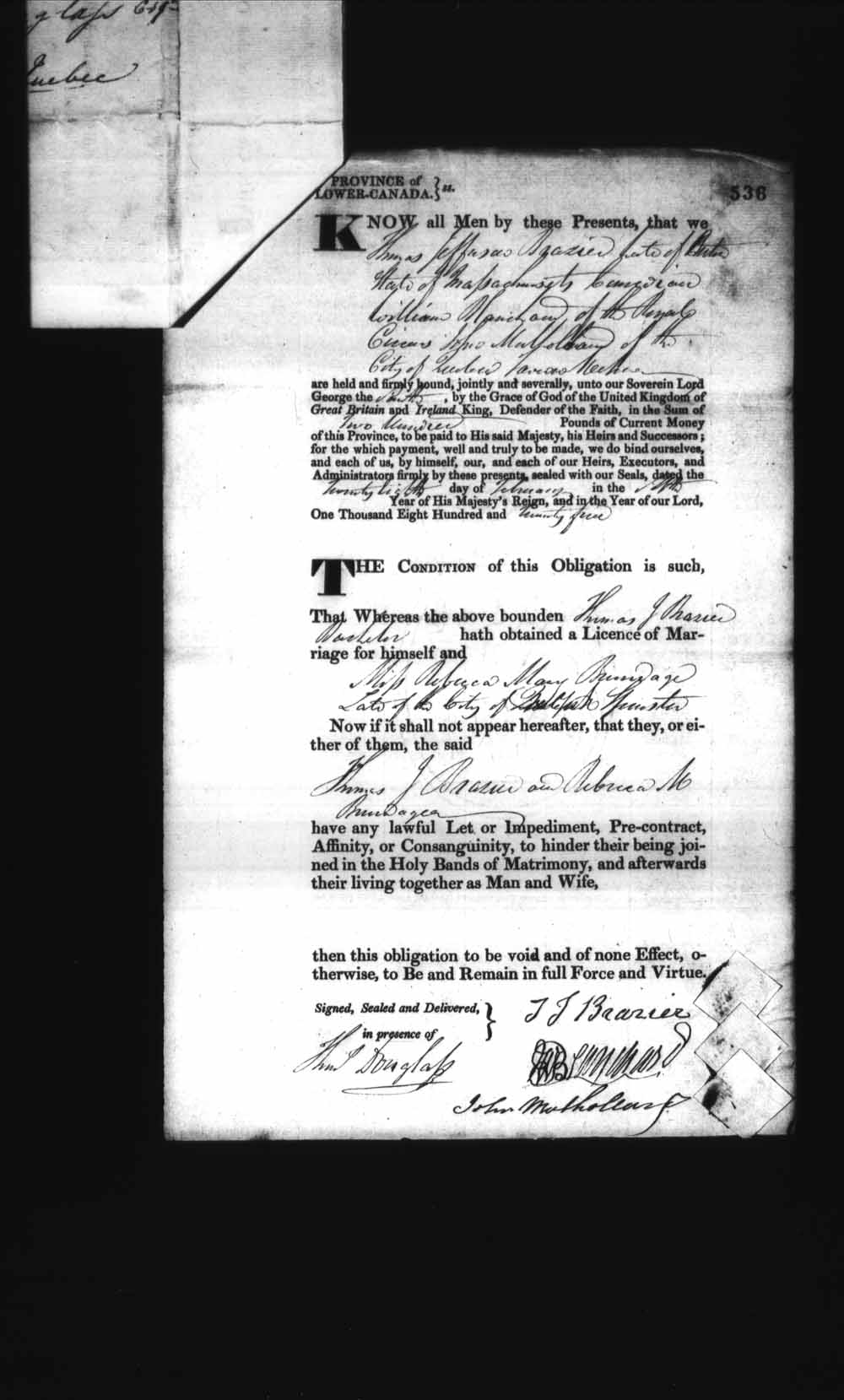 Digitized page of Upper and Lower Canada Marriage Bonds (1779-1865) for Image No.: e008236523