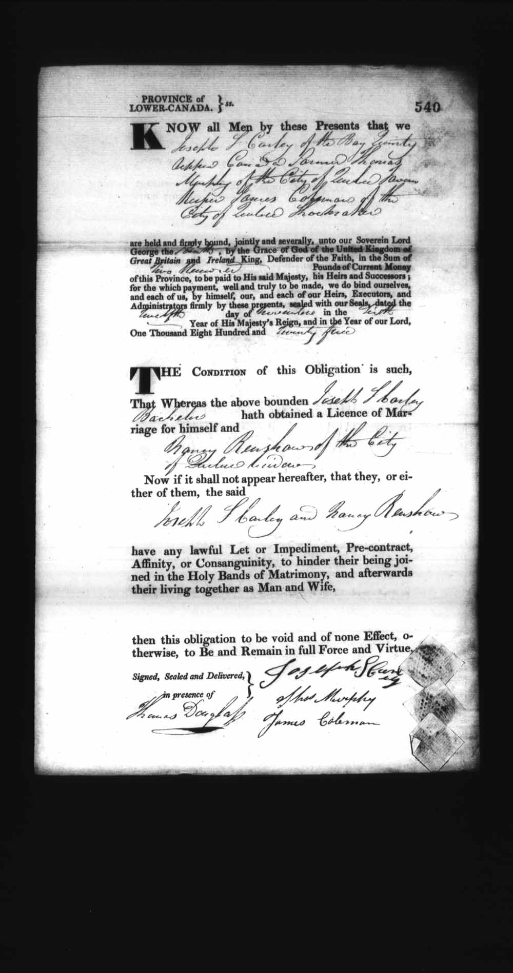 Digitized page of Upper and Lower Canada Marriage Bonds (1779-1865) for Image No.: e008236528