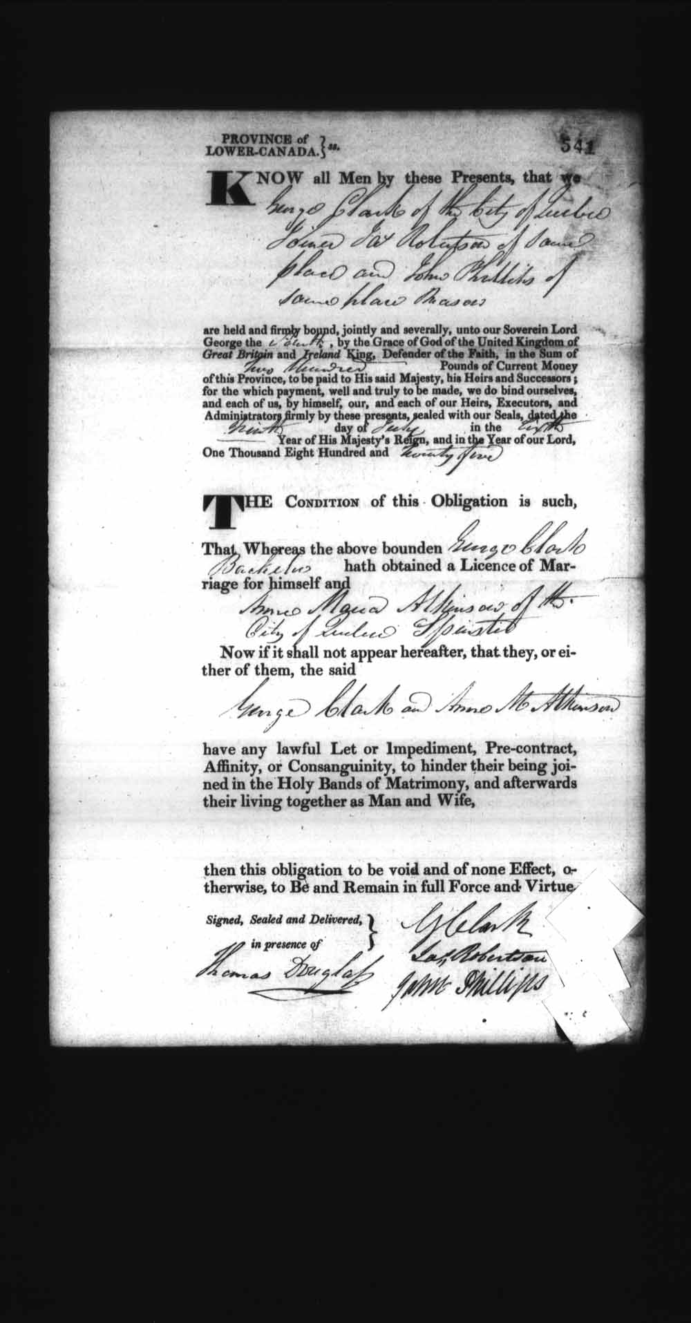 Page numérisé de Cautionnements de mariages pour le Haut-Canada et le Bas-Canada (1779-1865) pour l'image numéro: e008236529